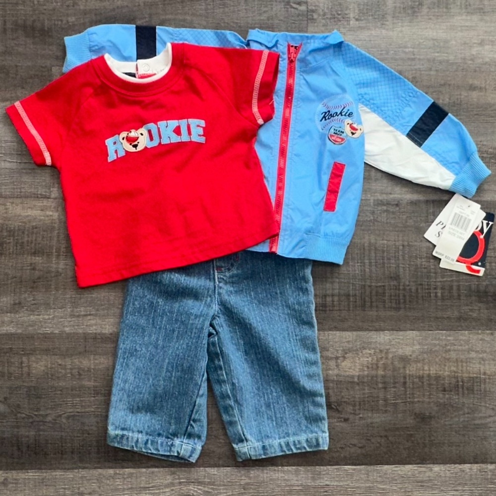 New Baby Boy Size 3-6 Months Rookie T-Shirt, Jeans & Blue Windbreaker Jacket Set